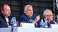 Former Hungarian Prime Minister Viktor Orbán, centre, speaks during the 35th Balvanyos Summer University and Students' Camp in Baile Tusnad, Romania, Saturday, July 25, 2026.