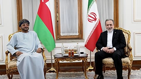 Foreign Minister Abbas Araghchi meets his Omani counterpart Sayyid Badr Albusaidi in Tehran, Iran, Tuesday, Aug. 25, 2026. 