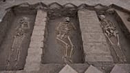 Skeletal remains inside the Espiritu Santo Hospital are exposed during excavation at the Sanctuary of Santa Rosa de Lima, in Lima, Peru, Tuesday, Aug. 25, 2026.