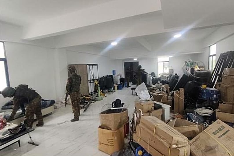 Soldiers raid the KK Park online scam centre in Myawaddy township, 19 October, 2025
