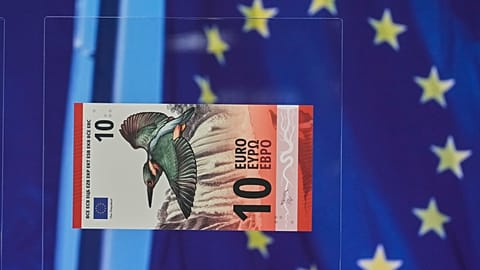 The proposed new designed of 10-euro banknote is seen at the Euro banknote design proposals reveal event in Frankfurt, Germany, Thursday, July 23, 2026
