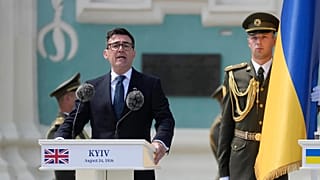 Britain's Prime Minister Andy Burnham delivers a speech during a commemorative ceremony in Kyiv, Ukraine, Monday, Aug. 24, 2026, marking Ukraine's 35th Independence Day.