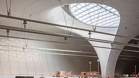 A glass 'light eye' in the platform hall of Stuttgart's new train station.