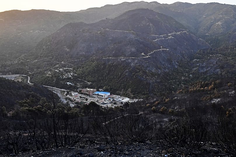 جبال متفحمة تحيط بقرية في وادٍ بعد حريق في حمام ملوان بالجزائر، 19 تموز 2026.