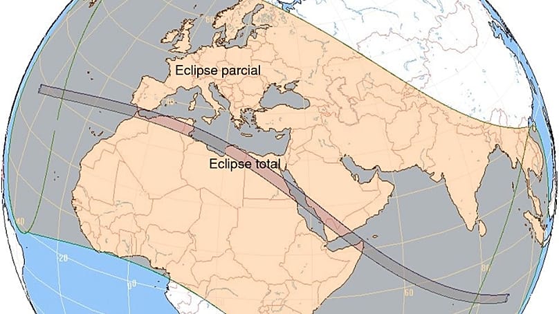 Imagen gráfica con la trayectoria del eclipse solar total de 2027 y las zonas del mundo desde las que podrá observarse.