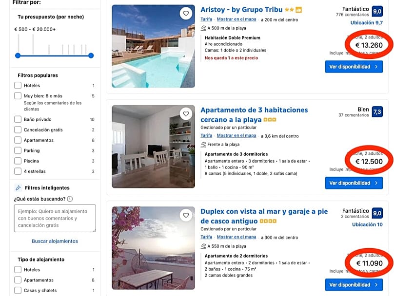 Resultados de la búsqueda de un alojamiento en Tarifa para la noche del eclipse de 2027.