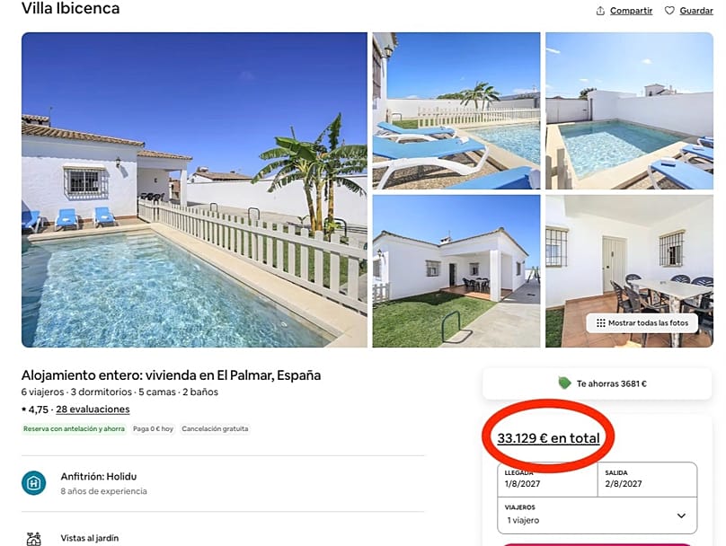 Resultados de la búsqueda de un alojamiento en El Palmar para la noche del eclipse de 2027.