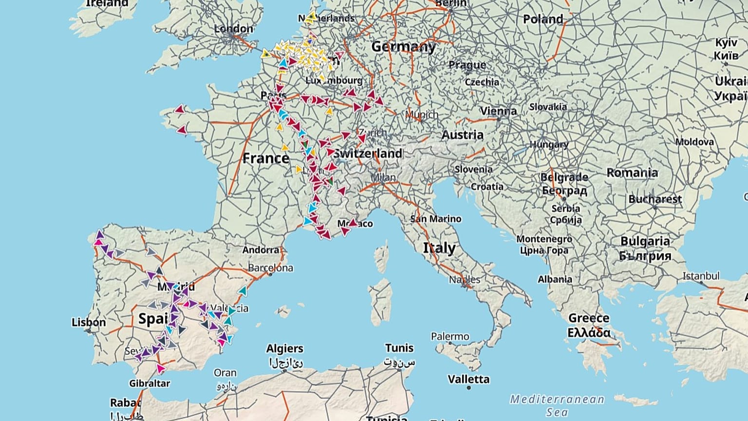 Στιγμιότυπο οθόνης από τον ζωντανό χάρτη του TrainTracker24