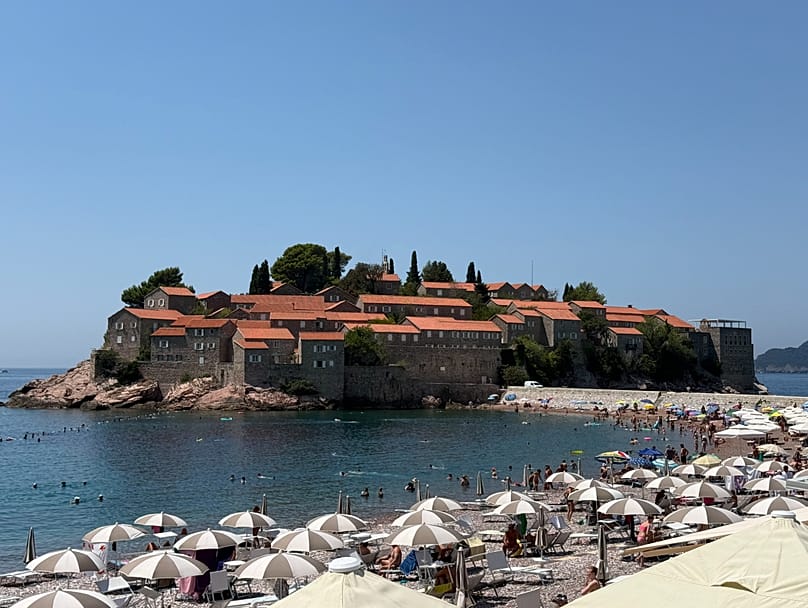 Panoramic view of Sveti Stefan and its beach