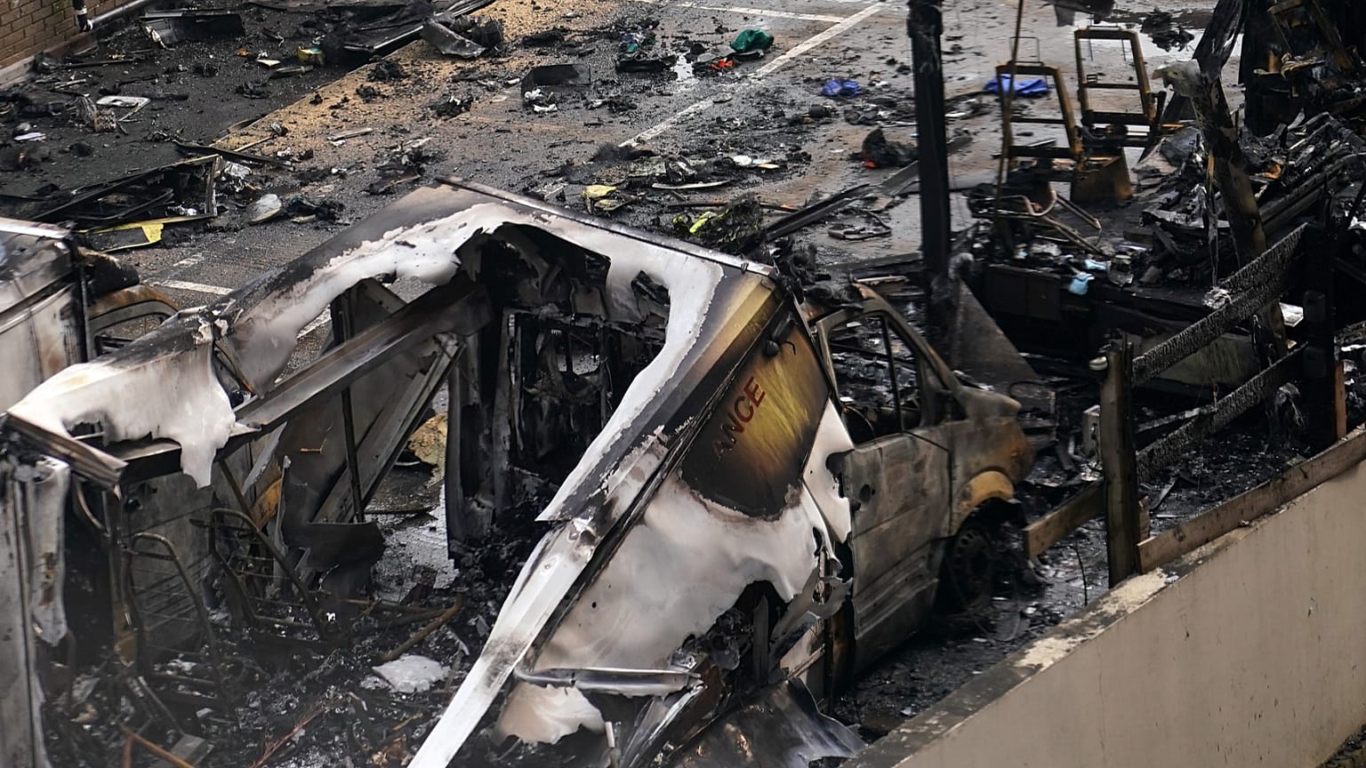 View of burnt ambulances in a car park at Golders Green in London, 23 March, 2026 