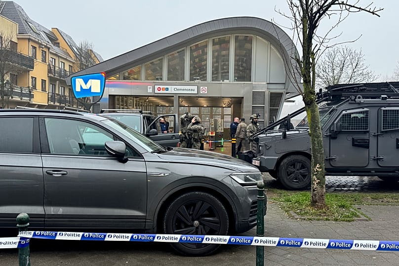 Police work in an area around the Clemenceau metro station after a shooting incident in Brussels, 5 February, 2025