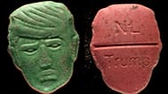 This undated photo provided by Trimbos Institute of Mental Health and Addiction shows pills that have a depiction of President Donald Trump on one side
