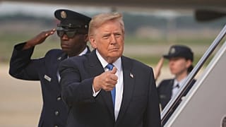 President Donald Trump gives a thumbs up after arriving on Air Force One, Friday, Aug. 28, 2026, at Joint Base Andrews, Md.