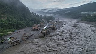 A drone view of the aftermath of flash flooding along the Trishuli river amidst fresh water surge warning in the Trishuli Bazaar area of Nuwakot district, Nepal, Sunday Aug 30