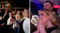 Left: Leaders of the No campaign react as early results from rural Iceland put the No side ahead. Right: A supporter watches partial referendum results.