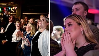 Left: Leaders of the No campaign react as early results from rural Iceland put the No side ahead. Right: A supporter watches partial referendum results.