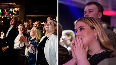 Left: Leaders of the No campaign react as early results from rural Iceland put the No side ahead. Right: A supporter watches partial referendum results.