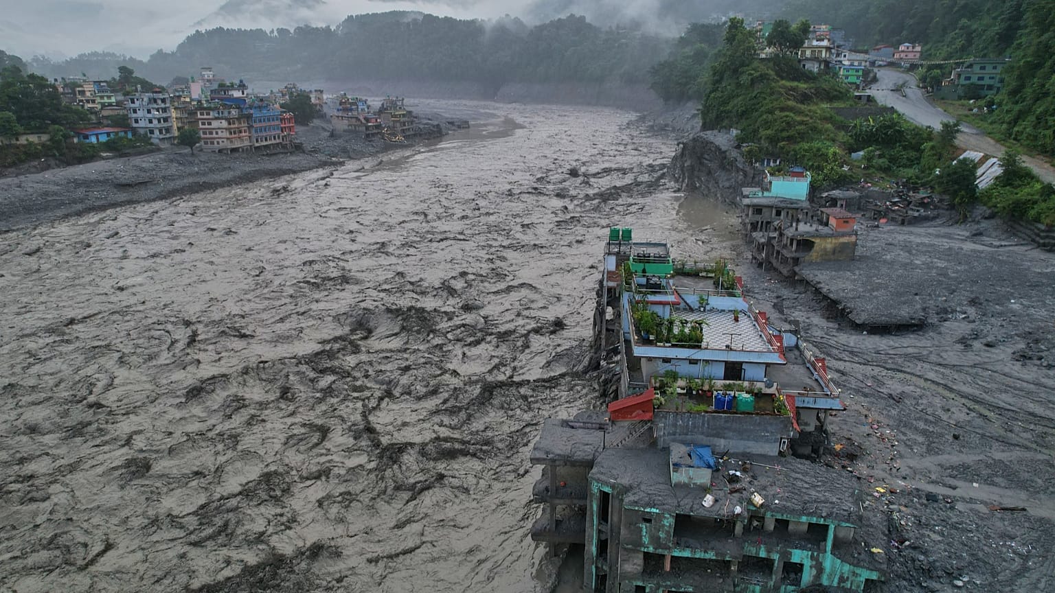 A drone view of the aftermath of flash flooding along the Trishuli river amidst fresh water surge warning in the Nuwakot district, 30 August, 2026