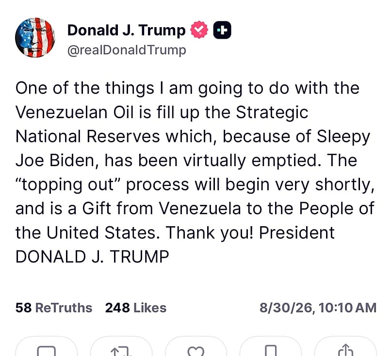 Publicación de Trump en la que explica que rellenará las reservas estratégicas de petróleo de EE.UU.