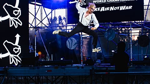 Finnish air guitarist Aapo “The Angus” Rautio performs during the 30th Air Guitar World Championships in Oulu, Finland.