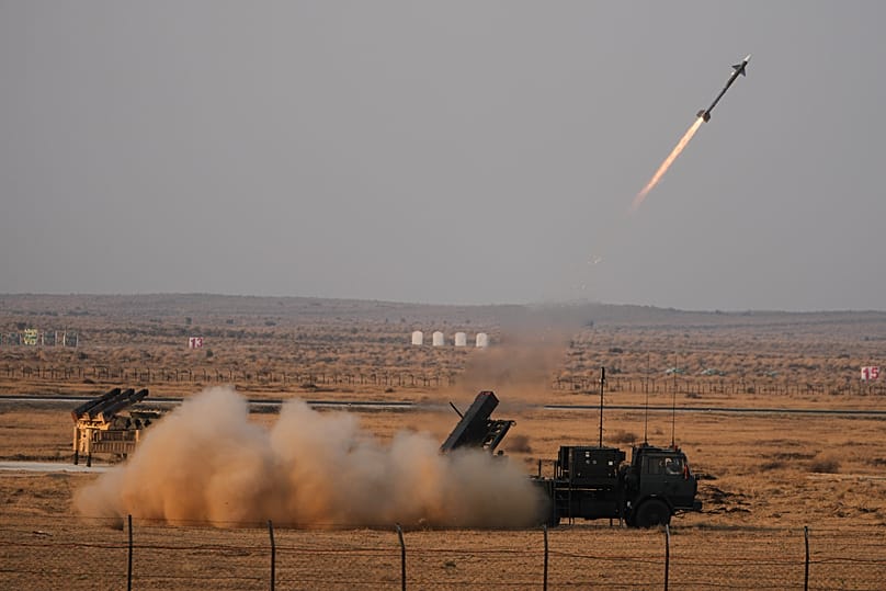 A SPYDER (Surface-to-air PYthon and DERby) missile fired near Jaisalmer, 24 February, 2026