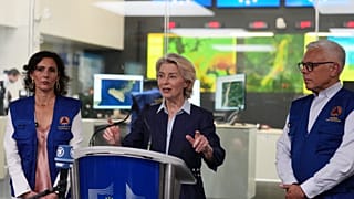 European Commission President Ursula von der Leyen, center, and Commissioner for Preparedness and Crisis Hadja Lahbib, left, Monday, 31 August.