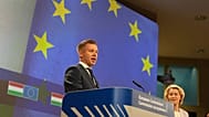 European Commission President Ursula von der Leyen, right, and Hungary's Prime Minister Péter Magyar address the media at EU headquarters in Brussels, Friday, May 29, 2026. (A