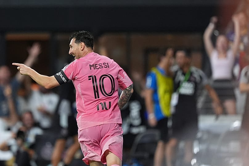Messi celebra su tercer gol con el Inter Miami ante el Atlético de San Luis en la Leagues Cup, el 5 de agosto de 2026, en Miami.