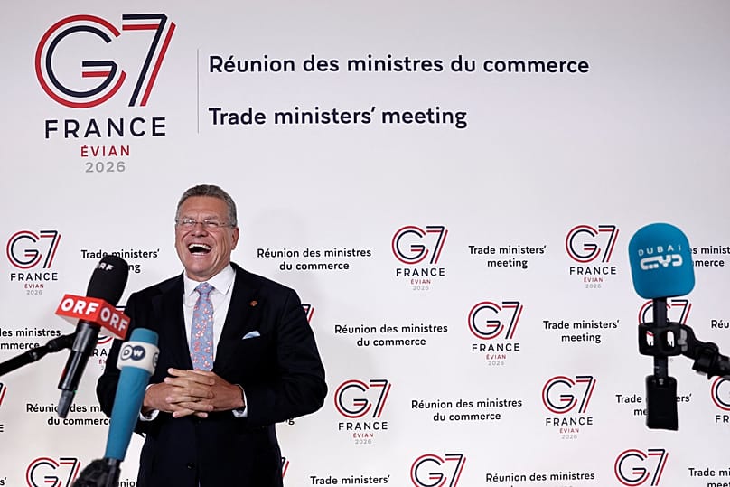 Comissário Europeu para o Comércio e a Segurança Económica, Maros Sefcovic numa reunião dos ministros do Comércio do G7 em Paris, França, na quarta-feira, 6 de maio de 2026