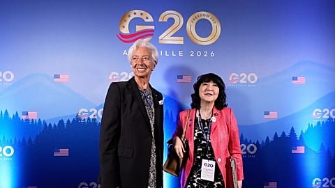 FILE - ECB President Christine Lagarde and Japan's Finance Minister Satsuki Katayama arrive for the G20 Finance Ministerial in Asheville, North Carolina, 31 Aug. 2026