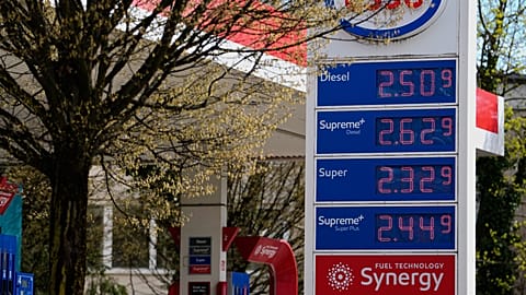 File - Gas prices are displayed at a patrol station in Munich, Germany, Sunday, 5 April 2026. 