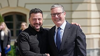 Keir Starmer, right, and Ukraine's President Volodymyr Zelenskyy greet each other in Kyiv, Ukraine, Thursday July 16, 2026.