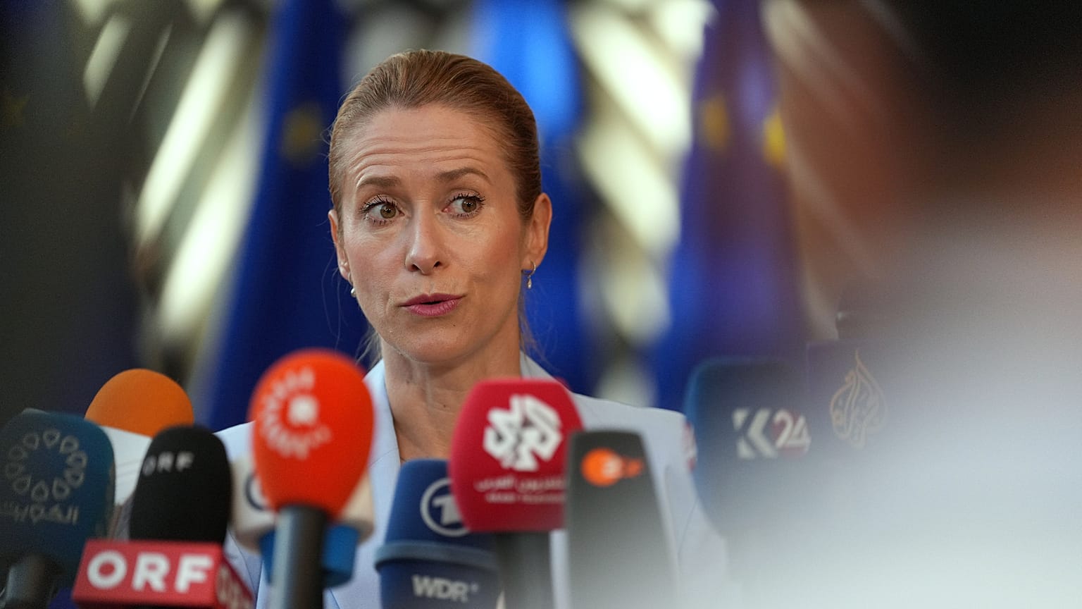European Union foreign policy chief Kaja Kallas speaks with the media as she arrives for a meeting of EU foreign ministers in Brussels, Monday, July 13, 2026.