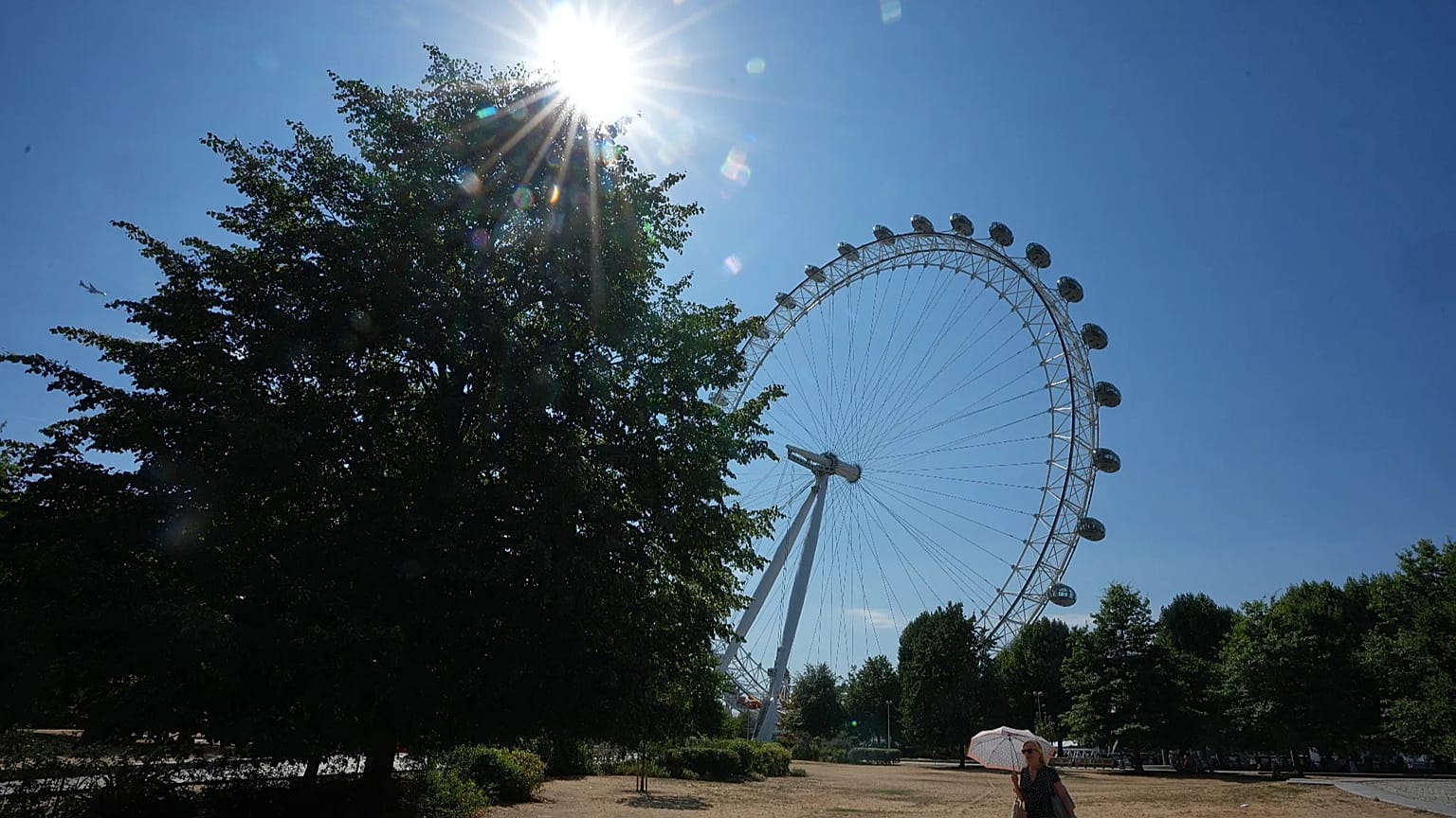 A woman shades under an umbrella as she walks past the London Eye during the fifth heatwave of the year in London, Thursday, Aug. 13, 2026.