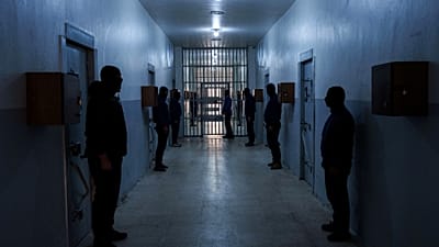 حراس في ممر بسجن غويران التابع لقوات سوريا الديمقراطية في الحسكة، والذي يضم متهمين بالانتماء إلى تنظيم "داعش"، 31 يناير 2025.