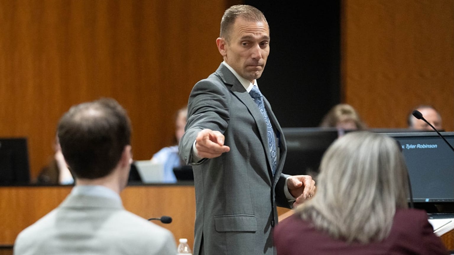 Prosecutor points to Tyler Robinson as he begins his closing arguments in the preliminary hearing into Charlie Kirk's assassination, in Provo, Utah, Tuesday, 1 September, 2026