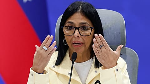 FILE - Venezuela's acting President Delcy Rodríguez speaks during a press conference in Caracas, Venezuela, on July 2, 2026.