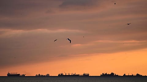 Cargo ships anchored in the Marmara sea near the Bosphorus Strait in Istanbul, 8 April, 2025
