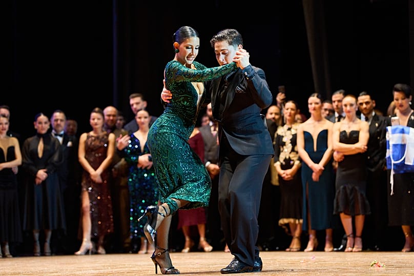 Naima Gerasopoulou of Greece and Lucas Gauto of Argentina dance after winning the salon category at the Tango World Championship in Buenos Aires, 1 Sep, 2026