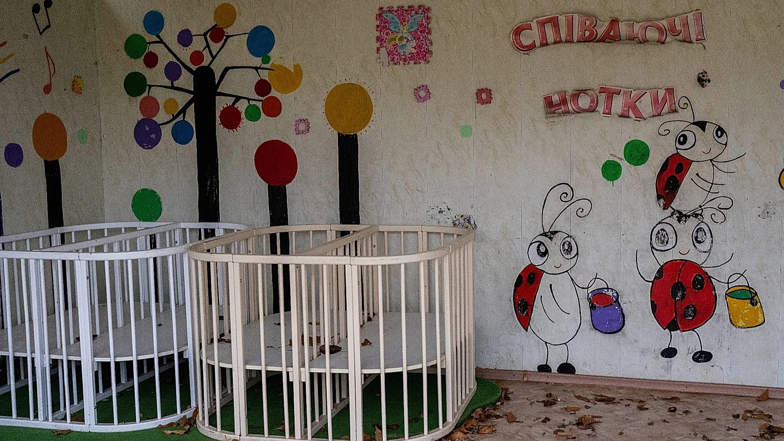 FILE: Empty cribs at a playhouse in the courtyard of Kherson regional children's home in Kherson, southern Ukraine, Friday, Nov. 25, 2022. 