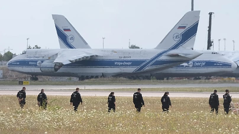 German police officers at Leipzig/Halle Airport in Schkeuditz, Germany on 7 August 2026.