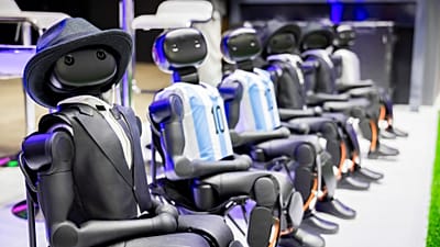 Robots from the company Booster sit on a small soccer field during the second press day of the IFA 2026 consumer electronic fair, IFA, in Berlin Thursday, Sept. 3, 2026.