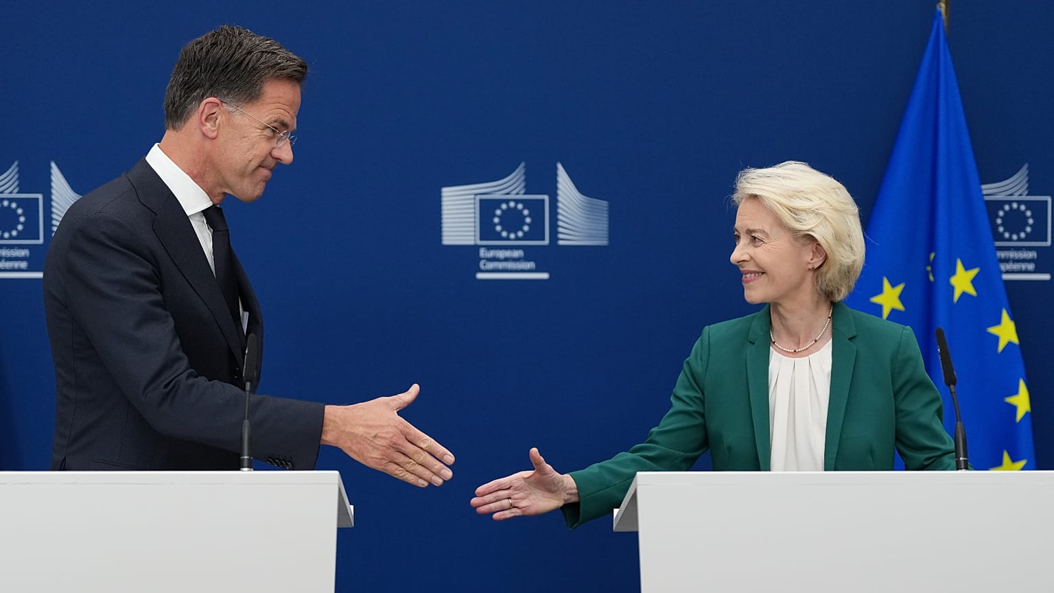 European Commission President Ursula von der Leyen, right, and NATO Secretary General Mark Rutte at a press conference in Brussels, Wednesday, Sept. 2, 2026.