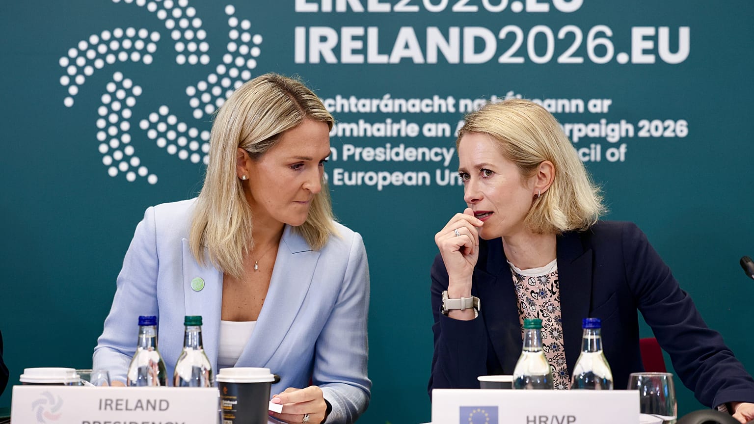 EU for Foreign Affairs and Security Policy Kaja Kallas (left) with Irish Foreign Affairs and Trade Minister Helen McEntee at an informal ministerial meeting in Ireland.