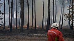 A firefighter works to extinguish a fire, near Blagon, southwestern France, 31 July 2026.