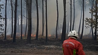 A firefighter works to extinguish a fire, near Blagon, southwestern France, 31 July 2026.