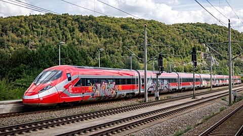 The Italian high-speed Frecciarossa train is at Kinding station in Germany during a test run, Wednesday, Sept. 2, 2026. (Daniel Karmann/dpa via AP)