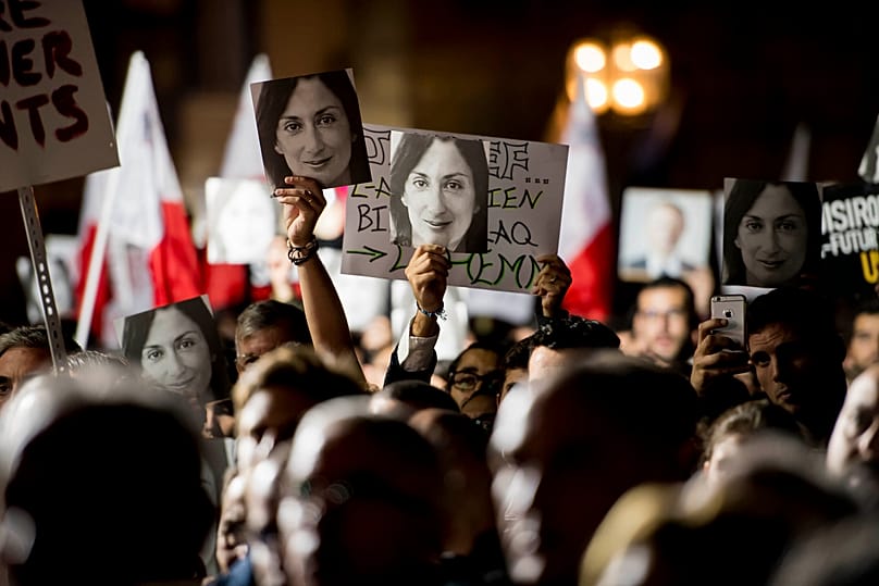 Protesters in Valletta call for Prime Minister Joseph Muscat's resignation following developments in the Daphne Caruana Galizia murder case, 29 November 2019.