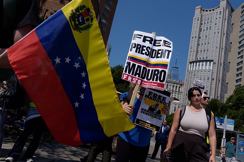 People protest in support of former Venezuela President Nicolas Maduro and his wife Cilia Flores outside of Manhattan federal court, Wednesday, July 22, 2026, in New York