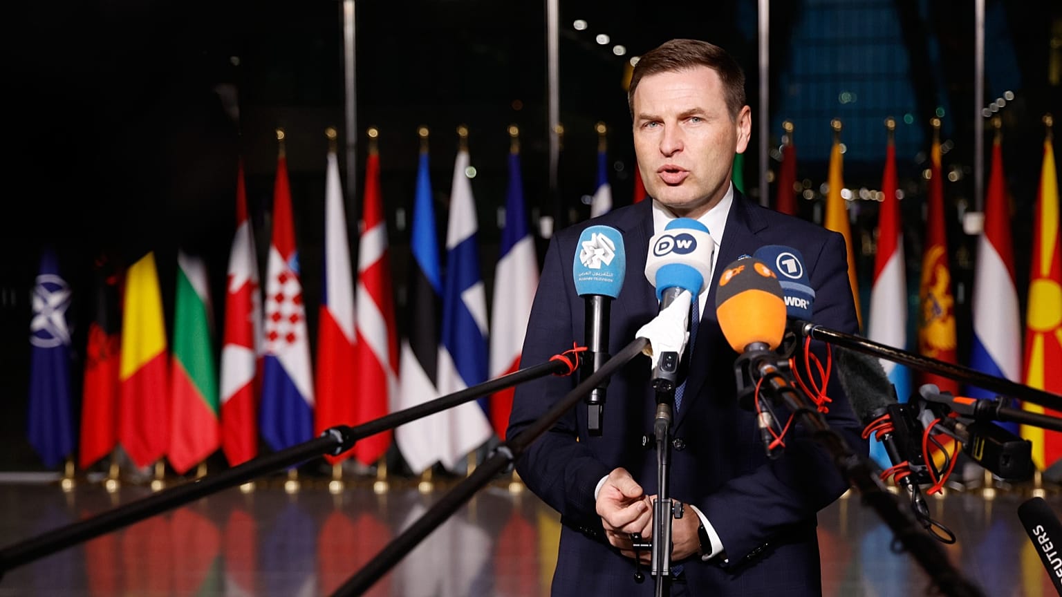 Estonia's now-resigned Defense Minister Hanno Pevkur speaking at NATO headquarters in Brussels, Belgium, 12 February 2026.